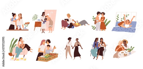 Set of diverse homosexual multiracial lesbian couples. International gay family bundle with children. Female parents, different ages. Flat vector cartoon illustration isolated on white background