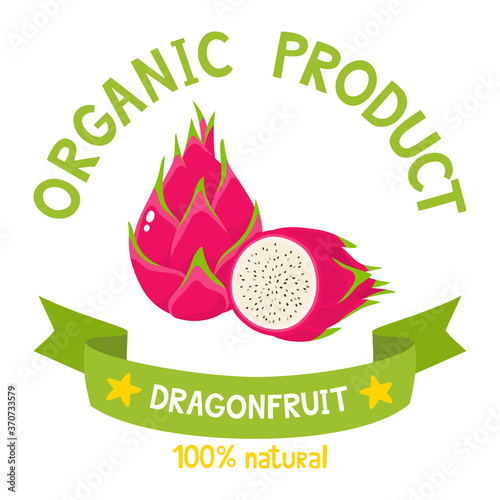 Healthy fruits badge of exotic dragon fruit with ribbon banners