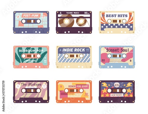 Set of compact analog audio cassette from 80s, 90s. Different retro audiocassette with old school music mixtape. Flat vector cartoon illustration isolated on white background