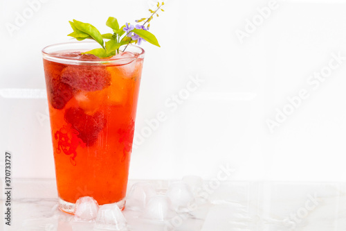herbal healthy drinks cold strawberry juice and iced of lifestyle in summer decoration on background white 
