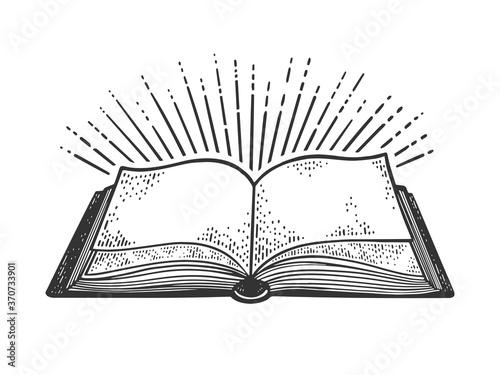 book and light rays sketch engraving vector illustration. T-shirt apparel print design. Scratch board imitation. Black and white hand drawn image.