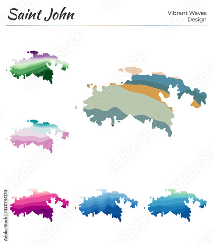 Set of vector maps of Saint John. Vibrant waves design. Bright map of island in geometric smooth curves style. Multicolored Saint John map for your design. Awesome vector illustration.