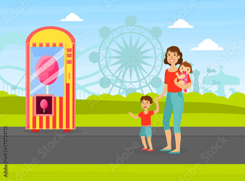 Mother with Her Two Kids Walking in Amusement Park, Cotton Candy Vending Machine Vector Illustration