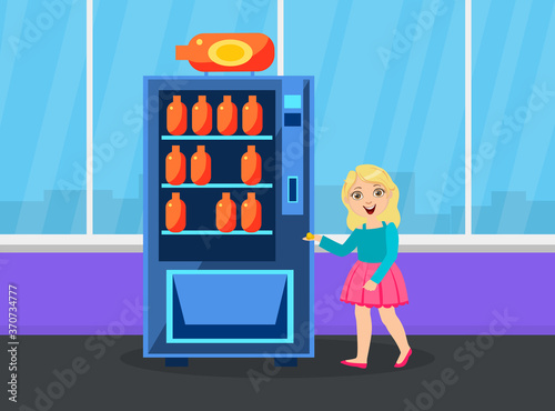 Cute Girl Buying Soda Drink at Automated Vending Machine Vector Illustration