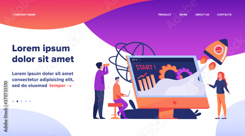 Team starting project. Workgroup working on startup, launching rocket from monitor with growth chart. Vector illustration for new business idea concept