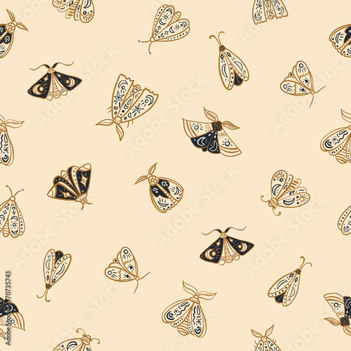 Seamless pattern with mystic moths or Butterfly. Vector magic texture. Boho abstract background with witch symbols. Hand drawn