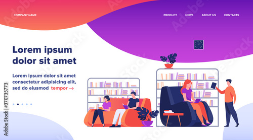 Students studying and reading in library. People sitting on sofa at bookcases and bookshelves flat vector illustration. Education concept for banner, website design or landing web page