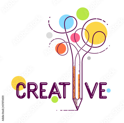 Creative word with pencil instead of letter I, ideas and creativity concept, vector conceptual logo or poster made with special font.