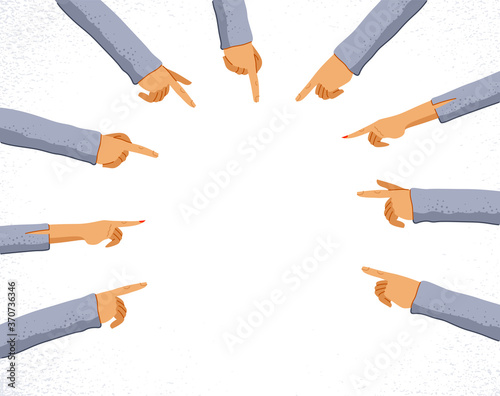 Hands with pointing fingers shows blank copy space mockup for advertising banner or poster design vector illustration, man and woman hands with gestures attracting attention.