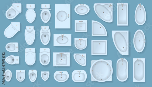 Vector set. Bathroom furniture. Top view. Architectural collection. Baths, shells, toilets, bidets, urinals, showers. View from above.