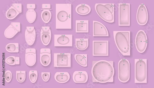 Vector set. Bathroom furniture. Top view. Architectural collection. Baths, shells, toilets, bidets, urinals, showers. View from above.