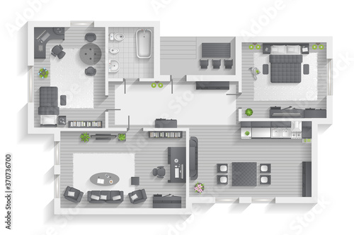 Apartment floor plan. (top view) Furnished flat. (view from above) Interior architecture. Living room, bedroom, kitchen, bathroom, office. 