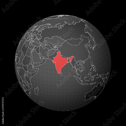Dark globe centered to India. Country highlighted with red color on world map. Satellite world projection. Awesome vector illustration.