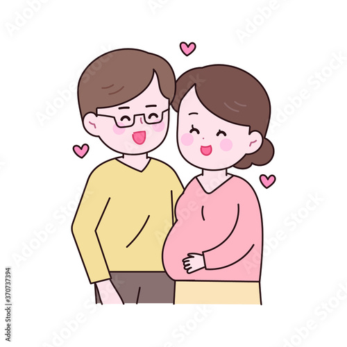 임신한 부인과 그의 남편은 행복해 하고있다.
