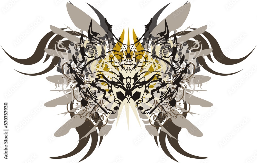 Fototapeta premium Awful butterfly wings in pastel tones. Abstract dangerous butterfly with an unusual pattern inside and elements of eagle feathers on a white background for wallpaper, prints, textiles, etc.
