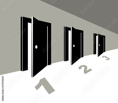 Different doors half open symbolizes diversity of variants and choosing alternate options vector illustration 3d modern poster style.