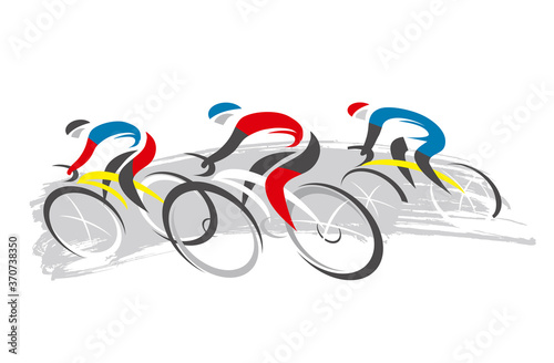

Cycling race, competitors, full speed.
Expressive stylized colorful drawing of three cyclists, . Vector available.