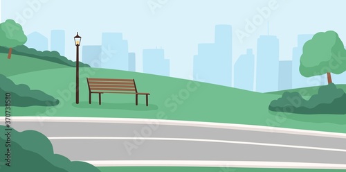 Morning city park, empty public place, high rise buildings. Cityscape with trees, bushes, lanterns, bicycle path, benches. Morning serenity, daytime park. Flat vector illustration in cartoon style