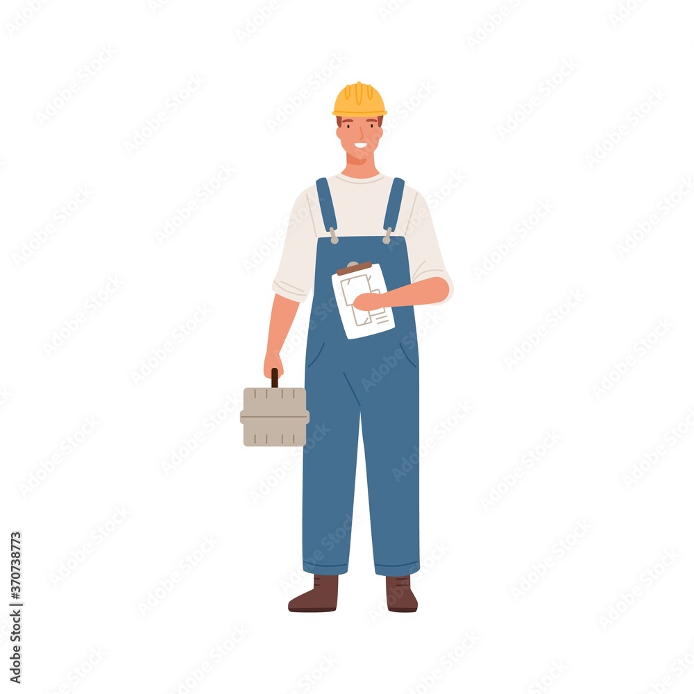 Builder man or engineer standing with toolkit in professional uniform, helmet and dungarees. Repair service, laborer or constructor work. Flat vector cartoon illustration isolated on white background