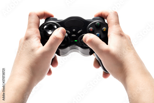 Gamepad in hands isolated on white