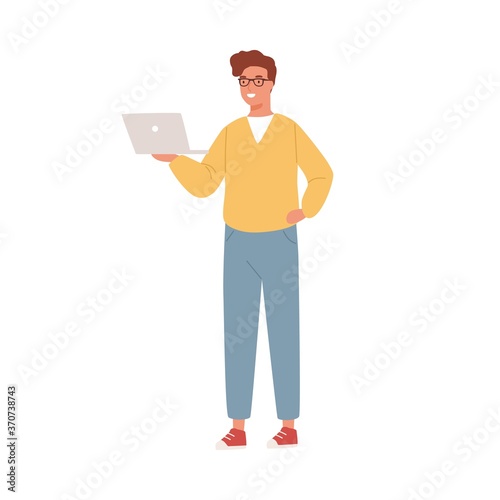 Smiling programmer, coder, businessman, IT worker, specialist holding, watching laptop. Young man, boy, teenager student. Remote work. Flat vector cartoon illustration isolated on white background