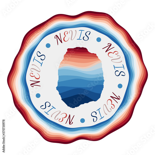 Nevis badge. Map of the island with beautiful geometric waves and vibrant red and blue frame. Vivid round Nevis logo. Vector illustration.