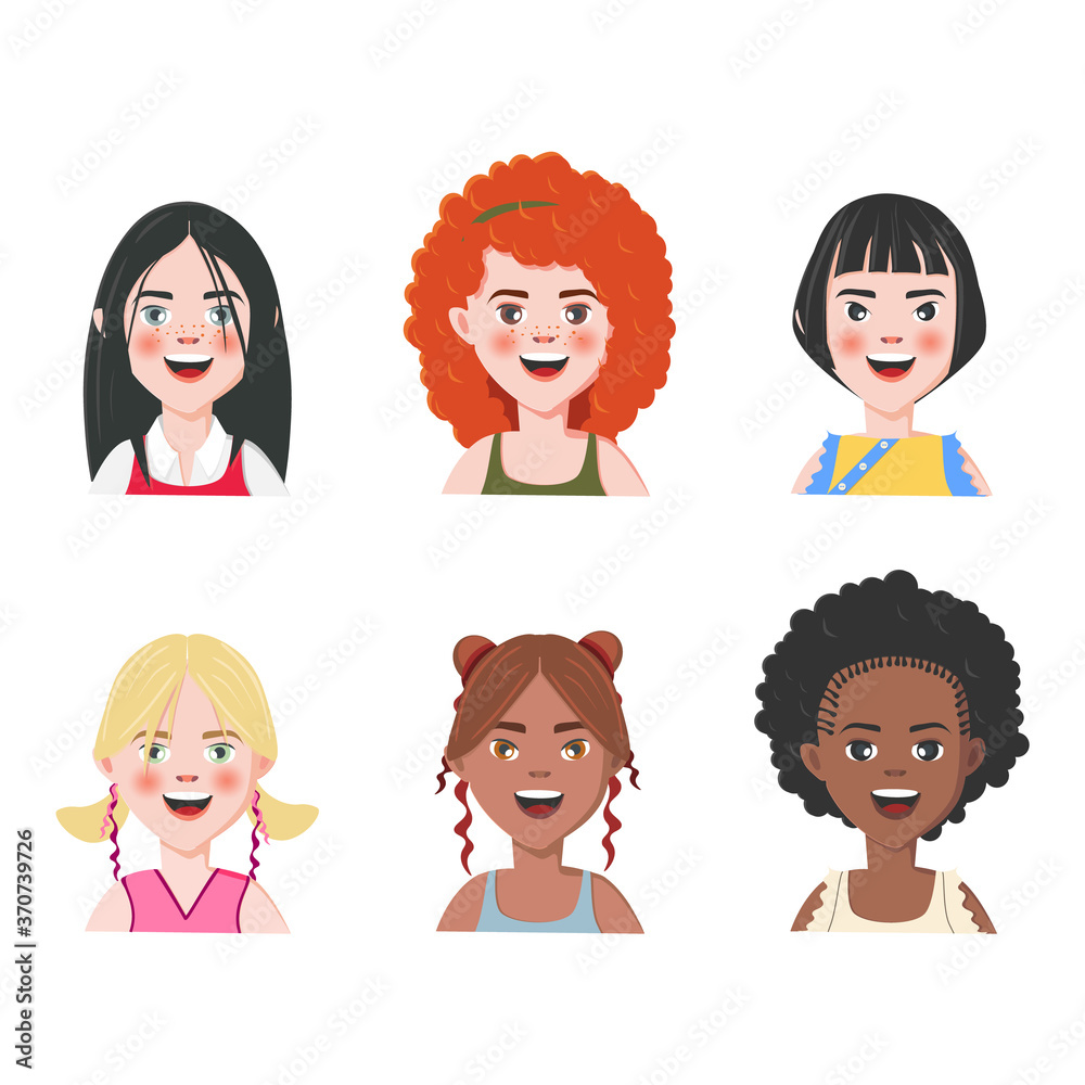 Set of Girls Avatars. Six Characters from Different Subcultures and Social Strata. Smiling Cute Girls. Diversity of Cultures. Vector Illustration. Set of Girls Avatars. Six Characters from Different Subcultures and Social Strata. Smiling Cute Girls. Diversity of Cultures. Vector Illustration.