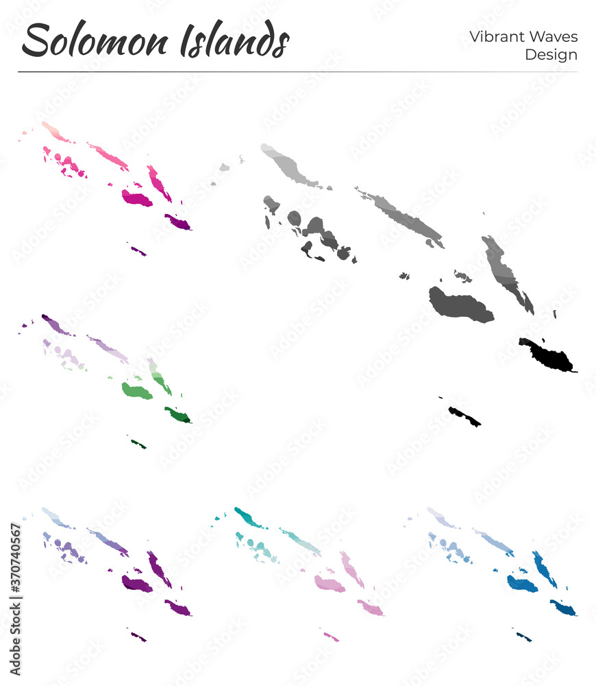 Set of vector maps of Solomon Islands. Vibrant waves design. Bright map of country in geometric smooth curves style. Multicolored Solomon Islands map for your design. Elegant vector illustration. Set of vector maps of Solomon Islands. Vibrant waves design. Bright map of country in geometric smooth curves style. Multicolored Solomon Islands map for your design. Elegant vector illustration.