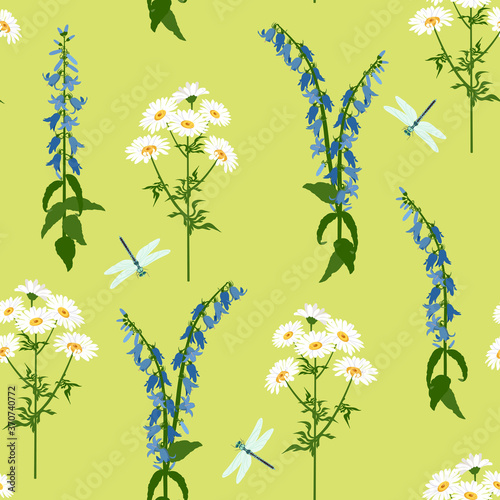 Seamless vector illustration with campanula, chamomile and dragonflies