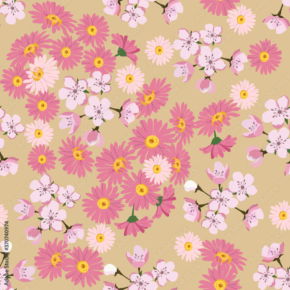 Seamless vector illustration with blooming sakura and gerbera