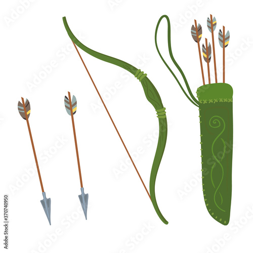 Vector Set of green bow and quiver of arrows. 