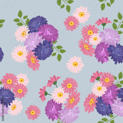 Photo Seamless vector illustration with chrysanthemum and gerbera