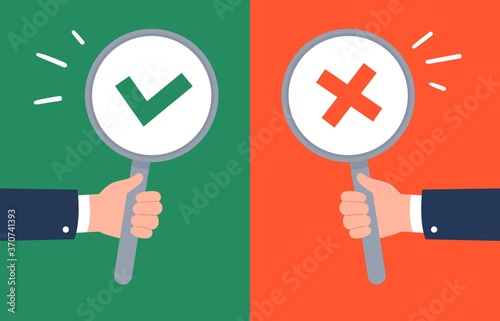 Hands hold banners. Agreeing and disagree signs. Support and disagreement concept. Trendy vector flat illustration.