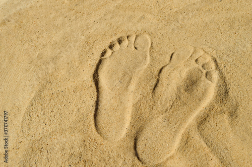 close-up - footprints of a man on golden sand on a sunny summer day