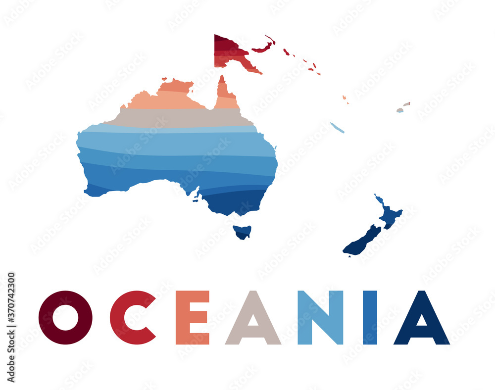 Obraz premium Oceania map. Map of the continent with beautiful geometric waves in red and blue colors. Vivid Oceania shape. Vector illustration.