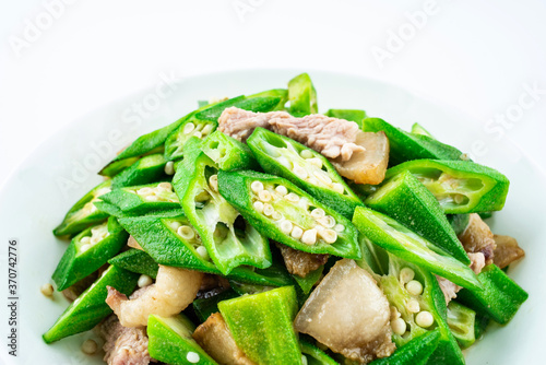 Chinese national dish, fried pork with okra