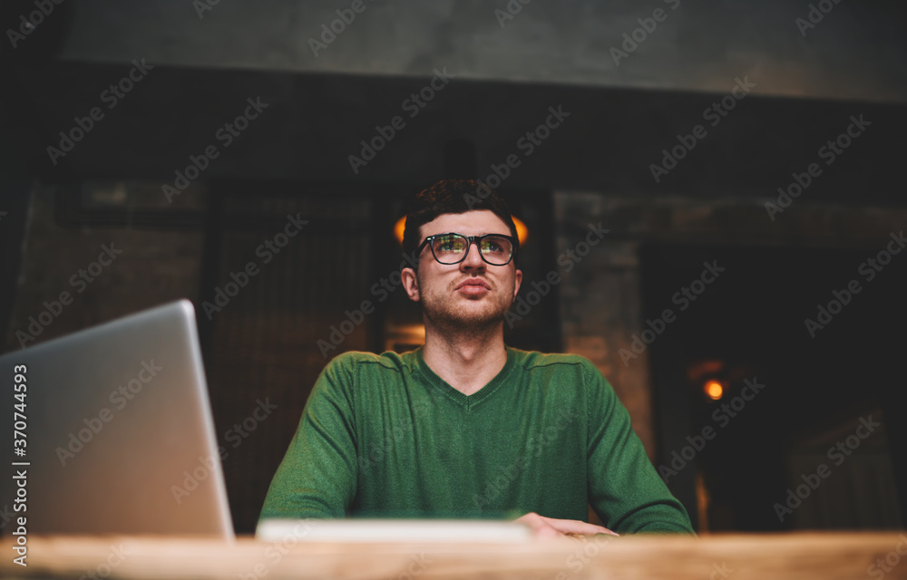 Freelancer guy thinking about concept planning for new startup project
