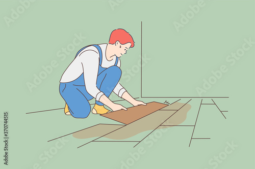 Repair, installation, carpentry, work, job concept. Young guy worker handyman carpenter cartoon character installing laminate flooring in room. House renovation or professional occupation illustration