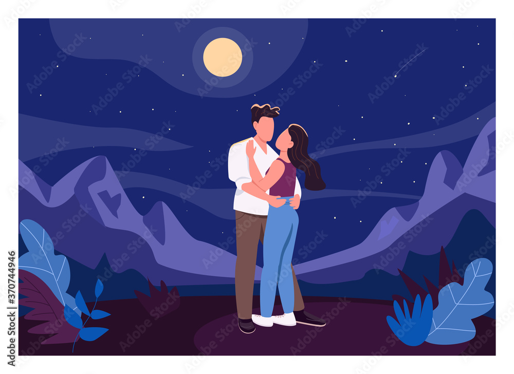 Obraz premium Midnight romantic date flat color vector illustration. Man and woman outdoors. Boyfriend hug girlfriend outside. Young couple 2D cartoon characters with nighttime landscape on background