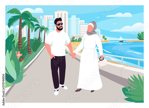 Canvas Print Muslim family vacation flat color vector illustration