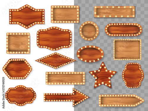 Set of wooden different polygonal boards with light bulbs isolated on transparent background. Vector stock illustration
