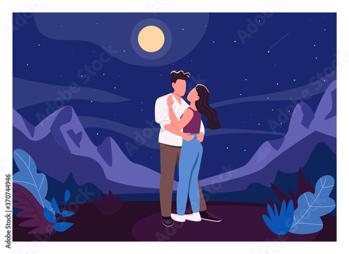 Midnight romantic date flat color vector illustration. Man and woman outdoors. Boyfriend hug girlfriend outside. Young couple 2D cartoon characters with nighttime landscape on background