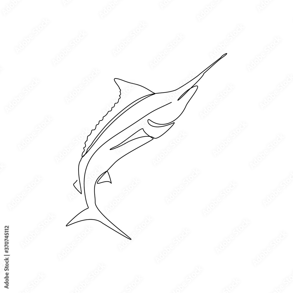 Continuous line drawing of big swimming swordfish marlin fish. One line