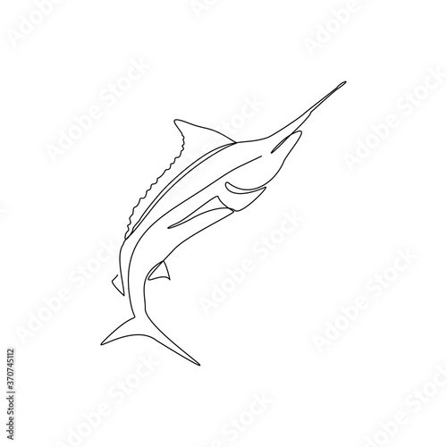 Continuous line drawing of big swimming swordfish marlin fish. One line concept of under water life. Vector illustration
