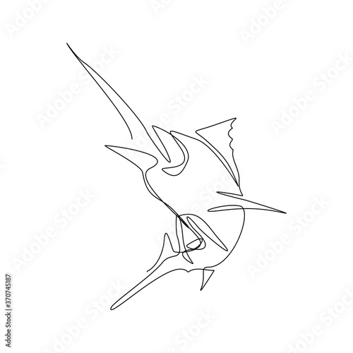 Continuous line drawing of big swimming swordfish marlin fish. One line concept of under water life. Vector illustration
