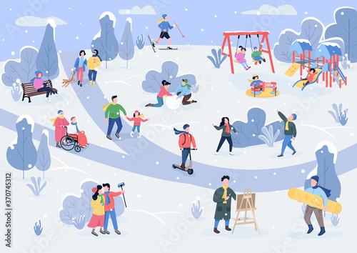 Rest in winter park flat color vector illustration. Children playing with snow. Enjoyment. Outdoor recreation area with visitors in winter 2D cartoon characters with snowy trees on background