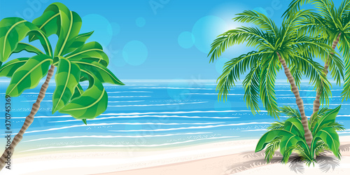 Illustration with beautiful tropical beach and palm trees.