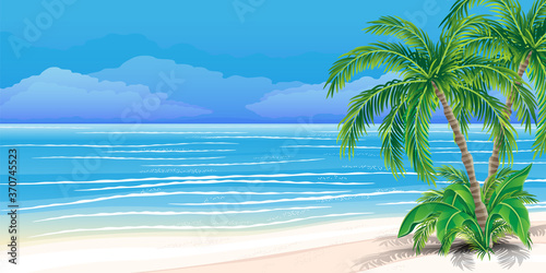 Fototapeta Naklejka Na Ścianę i Meble -  Illustration with beautiful tropical beach and palm trees.
