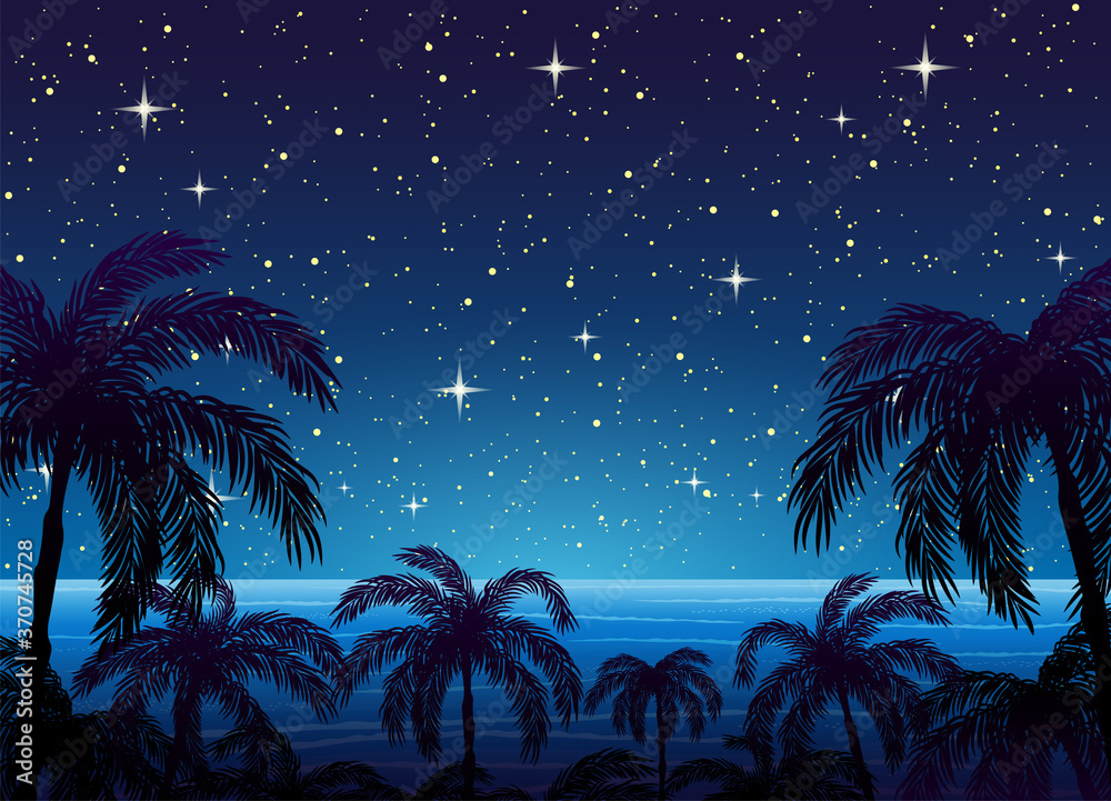 Illustration with silhouettes of palm trees on the background of the ocean and the starry sky.