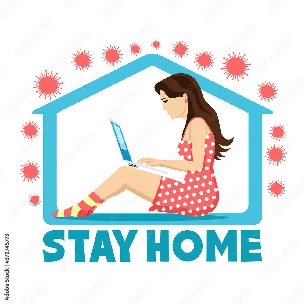 Illustration with a woman working at home during a virus epidemic on a white background.